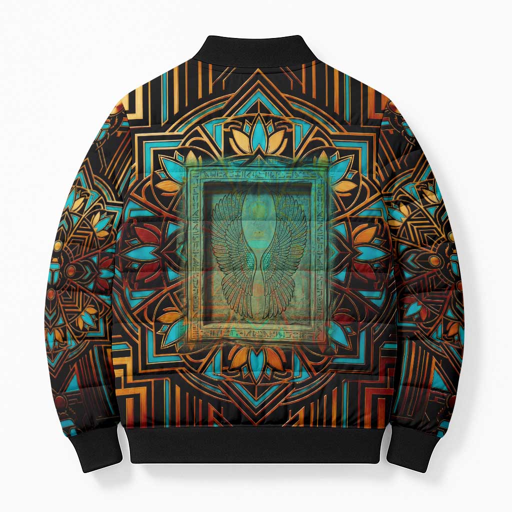 Ma’at Eye of Horus Bomber Puffer Jacket Egyptian Feather Celebrating Truth