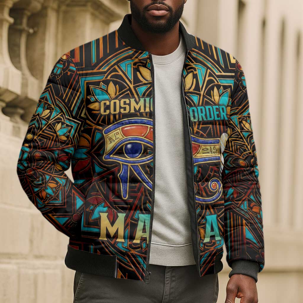Ma’at Eye of Horus Bomber Puffer Jacket Egyptian Feather Celebrating Truth