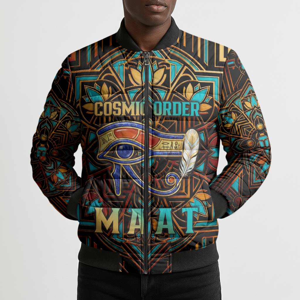 Ma’at Eye of Horus Bomber Puffer Jacket Egyptian Feather Celebrating Truth