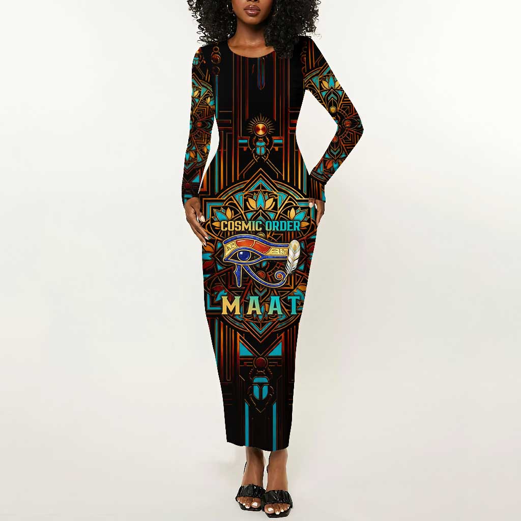 Ma’at Eye of Horus Long Sleeve Bodycon Dress Egyptian Feather Celebrating Truth