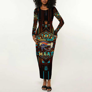 Ma’at Eye of Horus Long Sleeve Bodycon Dress Egyptian Feather Celebrating Truth
