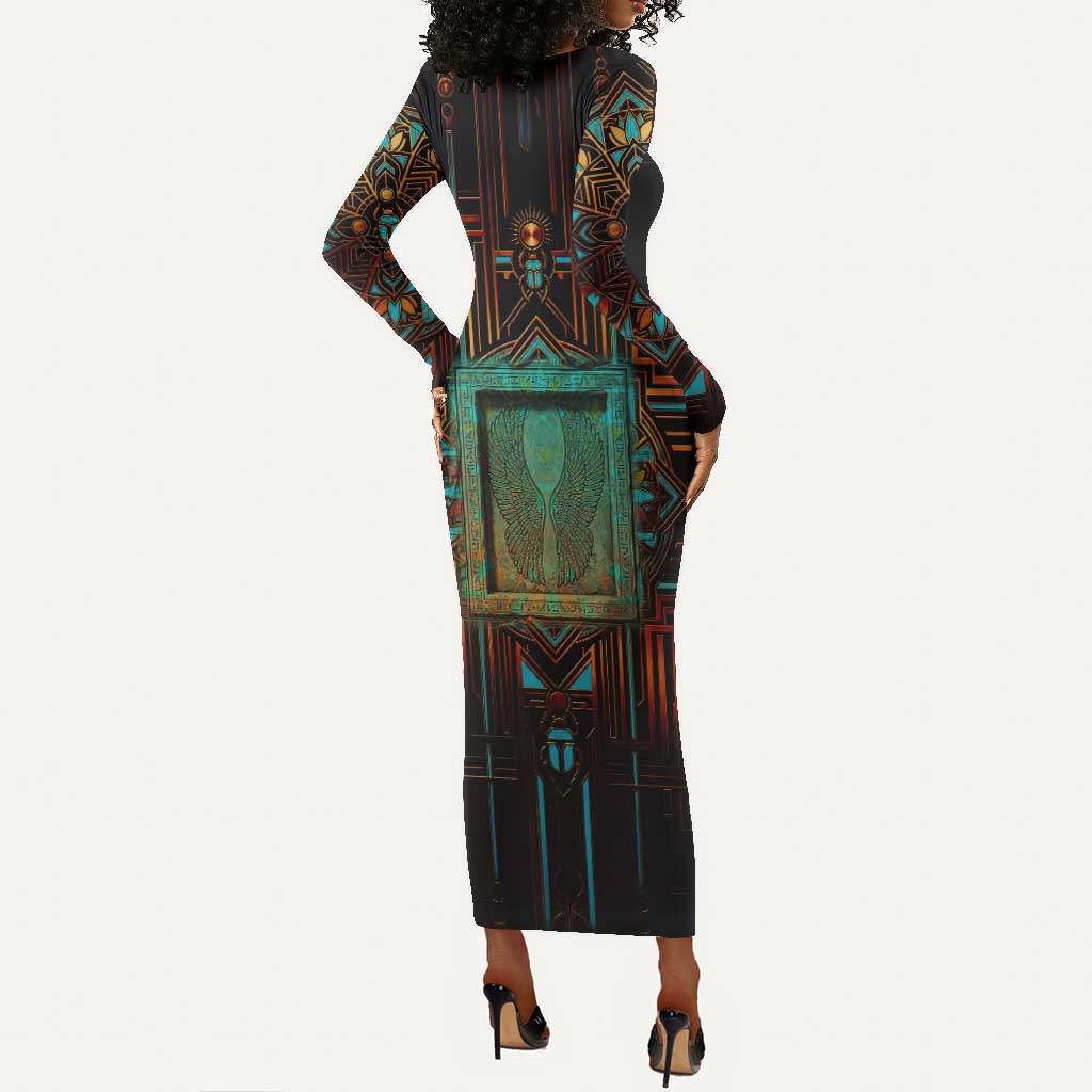 Ma’at Eye of Horus Long Sleeve Bodycon Dress Egyptian Feather Celebrating Truth