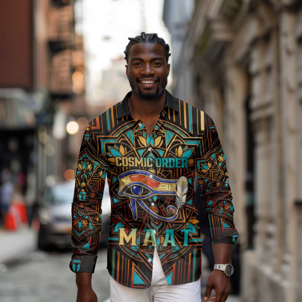 Ma’at Eye of Horus Long Sleeve Button Shirt Egyptian Feather Celebrating Truth