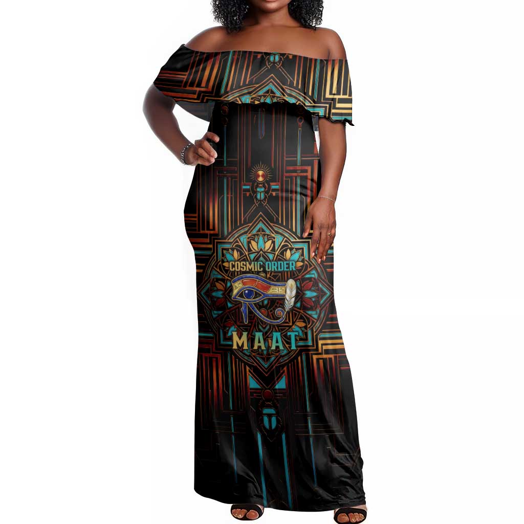 Ma’at Eye of Horus Off Shoulder Maxi Dress Egyptian Feather Celebrating Truth