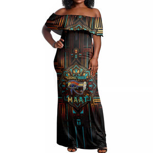 Ma’at Eye of Horus Off Shoulder Maxi Dress Egyptian Feather Celebrating Truth