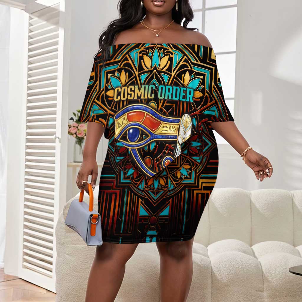 Ma’at Eye of Horus Off Shoulder Short Dress Egyptian Feather Celebrating Truth