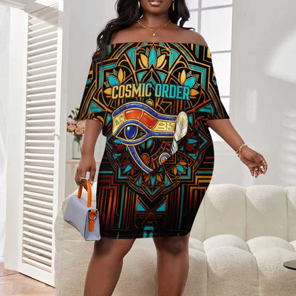 Ma’at Eye of Horus Off Shoulder Short Dress Egyptian Feather Celebrating Truth