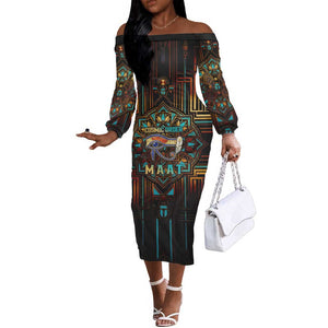 Ma’at Eye of Horus Off The Shoulder Long Sleeve Dress Egyptian Feather Celebrating Truth