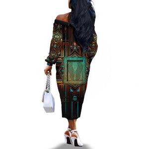 Ma’at Eye of Horus Off The Shoulder Long Sleeve Dress Egyptian Feather Celebrating Truth
