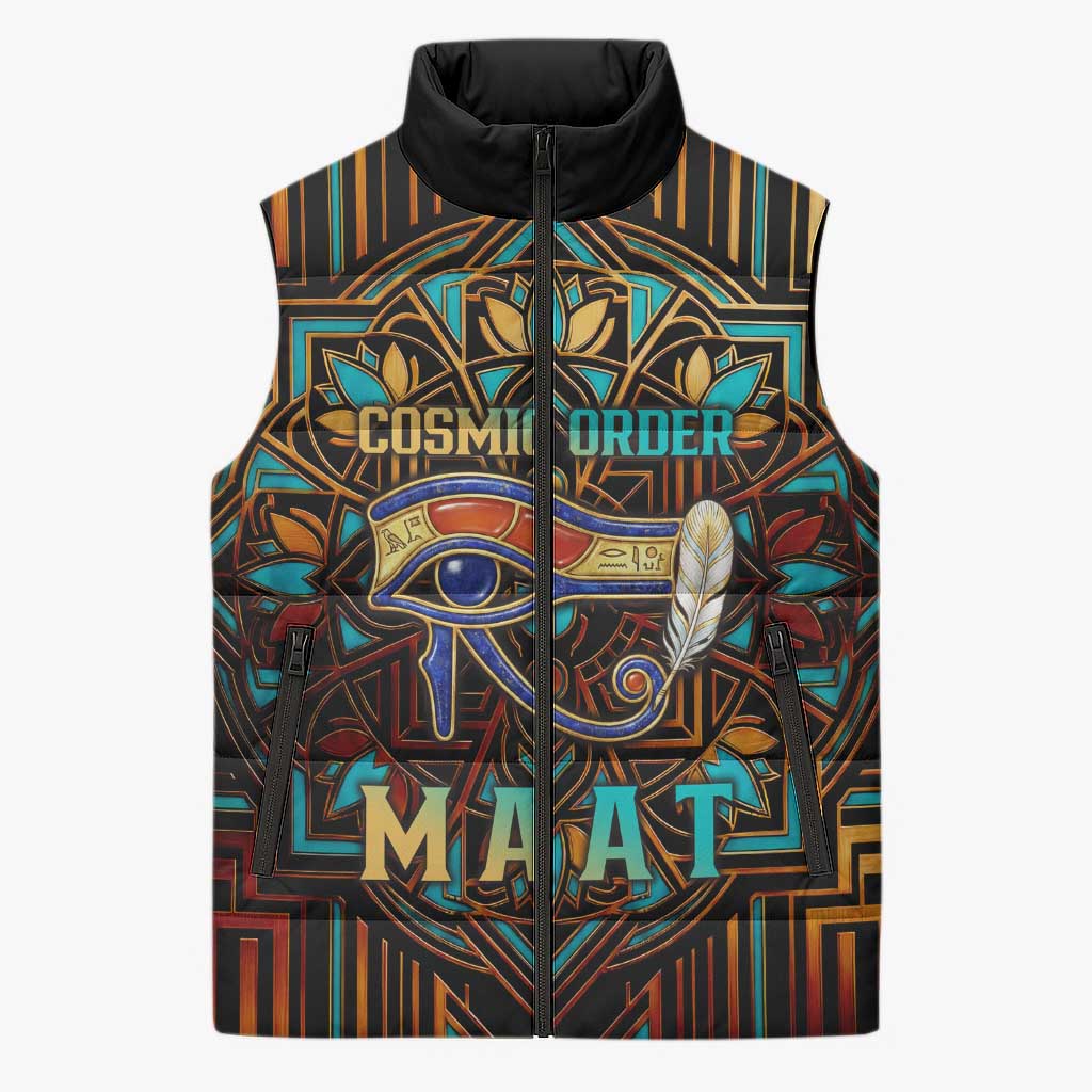 Ma’at Eye of Horus Sleeveless Puffer Jacket Egyptian Feather Celebrating Truth