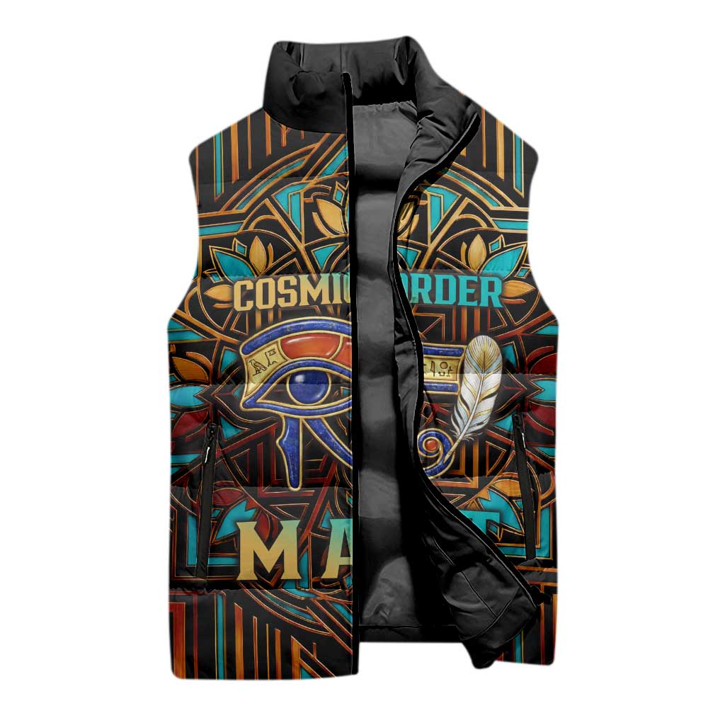 Ma’at Eye of Horus Sleeveless Puffer Jacket Egyptian Feather Celebrating Truth