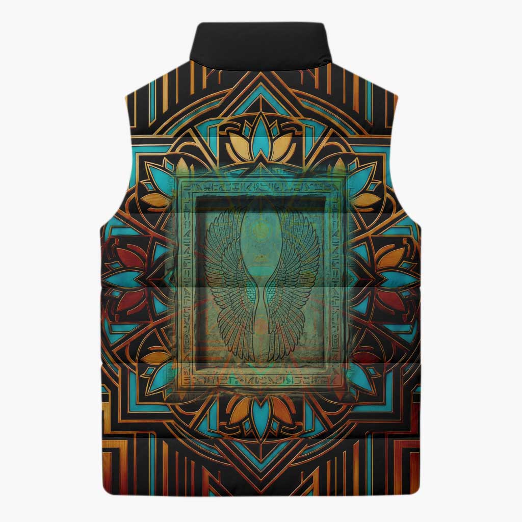 Ma’at Eye of Horus Sleeveless Puffer Jacket Egyptian Feather Celebrating Truth