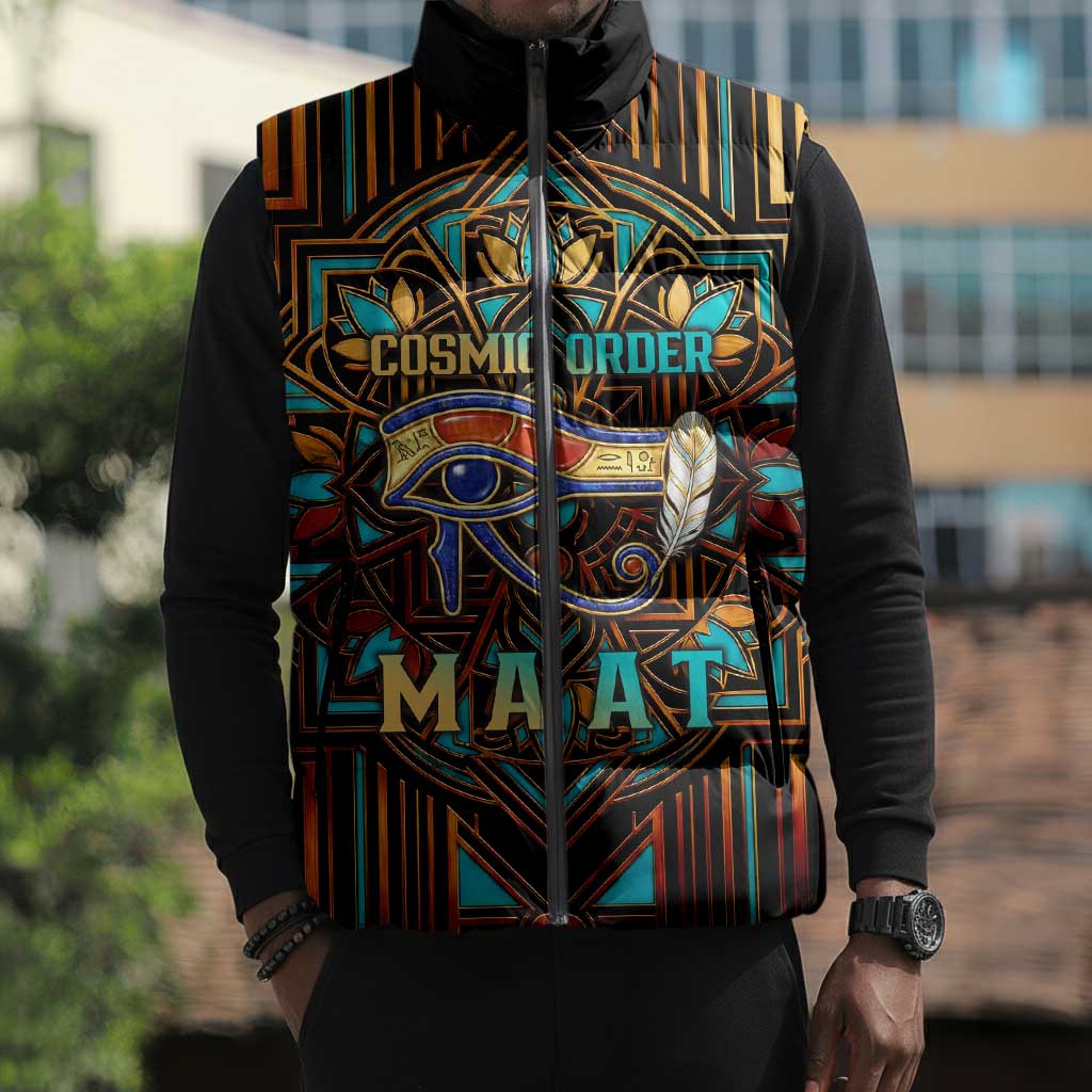 Ma’at Eye of Horus Sleeveless Puffer Jacket Egyptian Feather Celebrating Truth