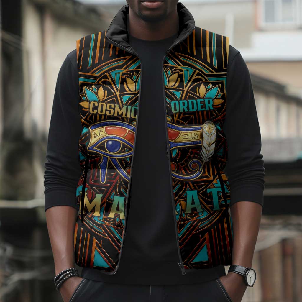 Ma’at Eye of Horus Sleeveless Puffer Jacket Egyptian Feather Celebrating Truth