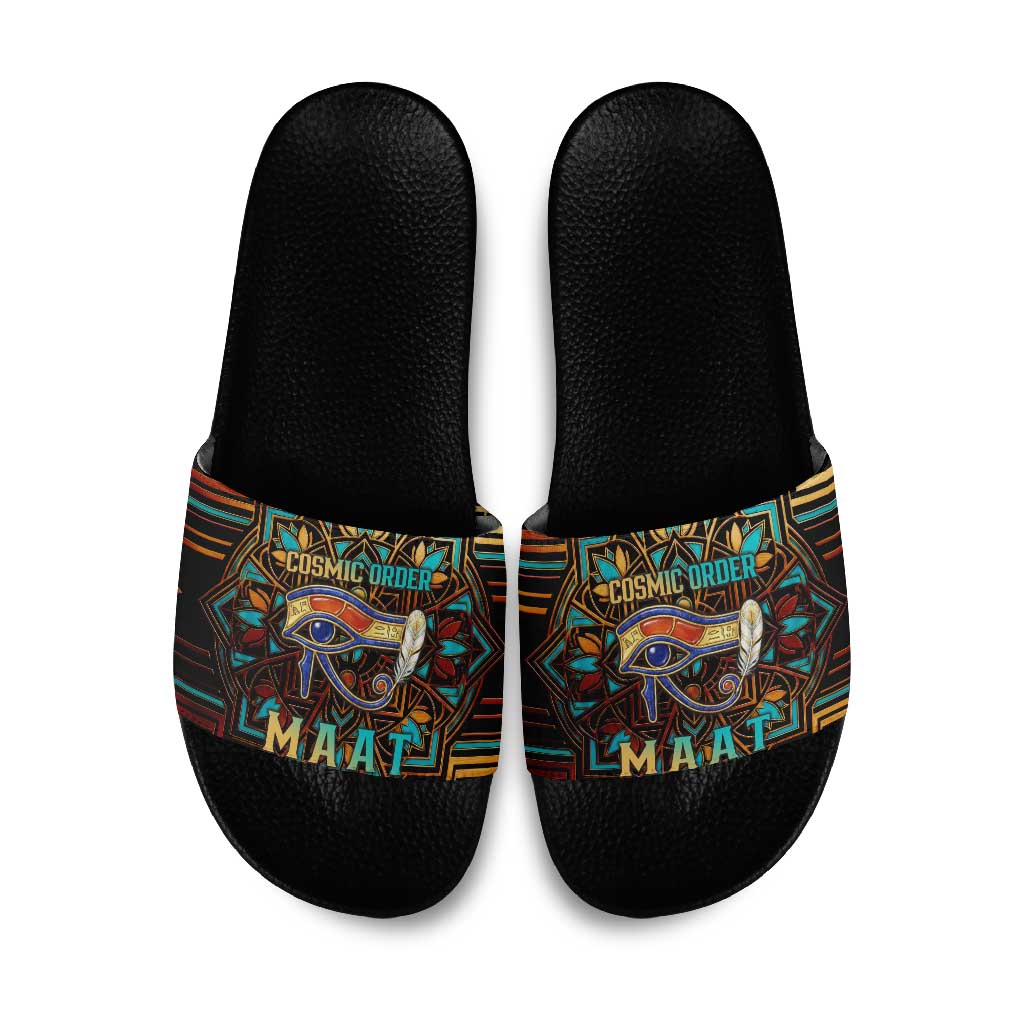 Ma’at Eye of Horus Slide Sandals Egyptian Feather Celebrating Truth