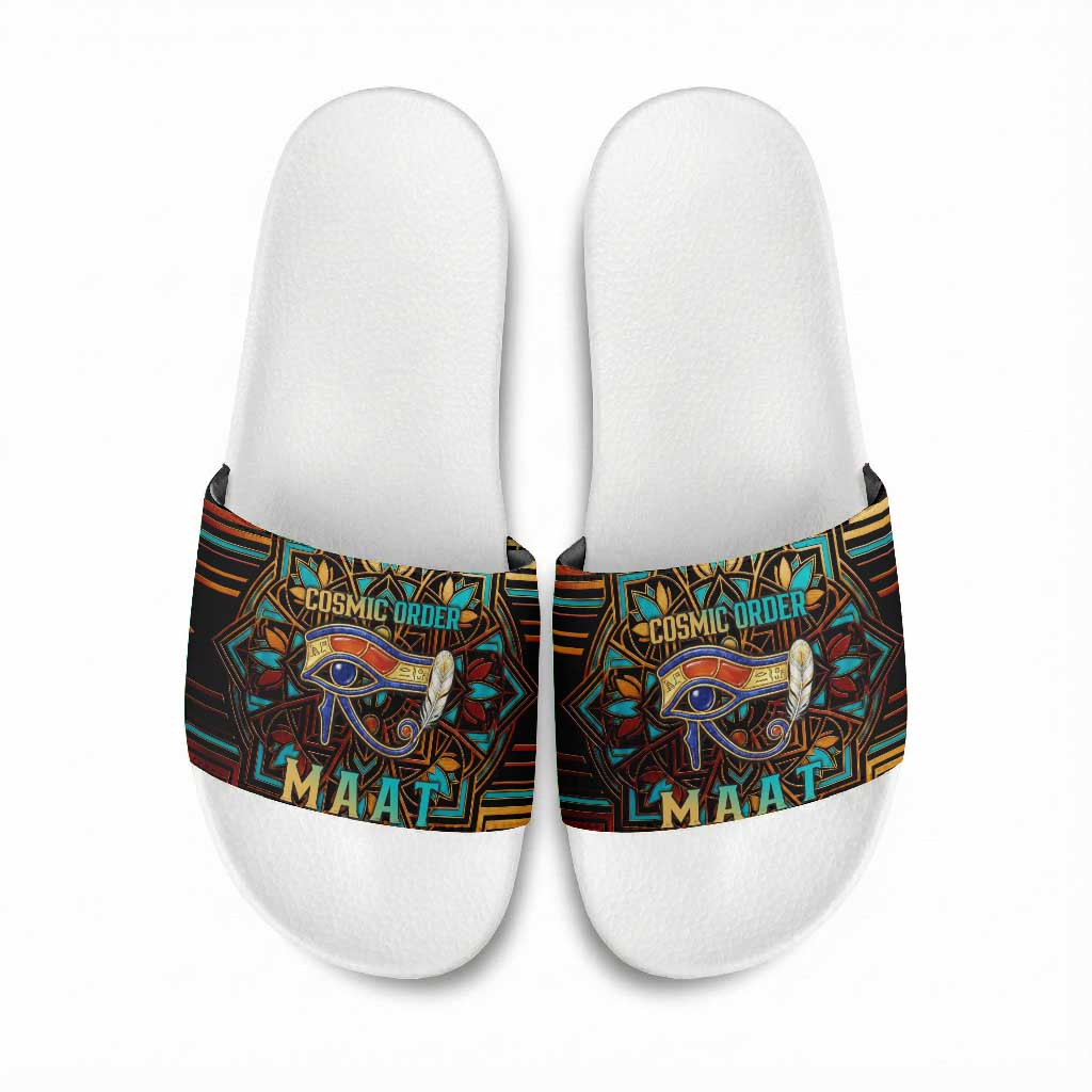 Ma’at Eye of Horus Slide Sandals Egyptian Feather Celebrating Truth