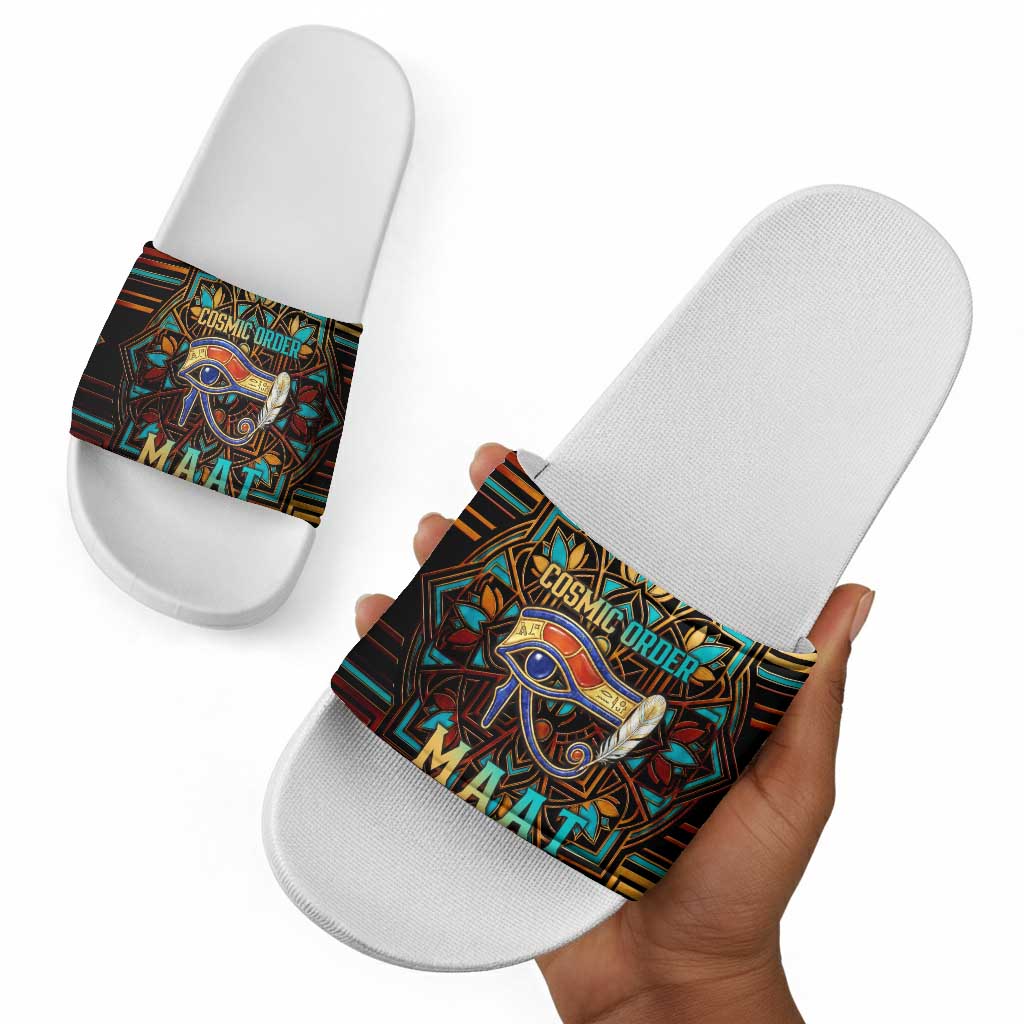 Ma’at Eye of Horus Slide Sandals Egyptian Feather Celebrating Truth