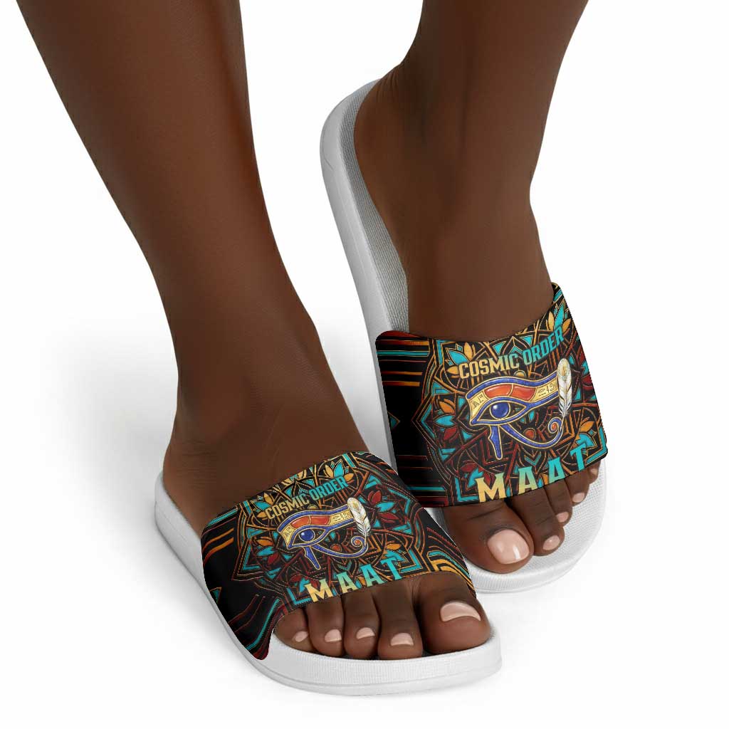 Ma’at Eye of Horus Slide Sandals Egyptian Feather Celebrating Truth