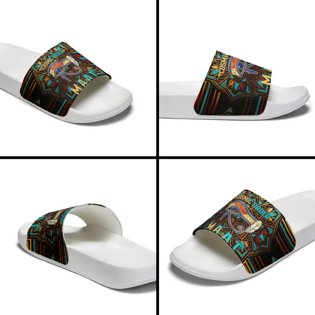 Ma’at Eye of Horus Slide Sandals Egyptian Feather Celebrating Truth