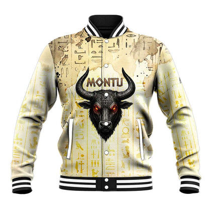 Montu Egyptian Baseball Jacket War God Mighty Bull Symbol Ancient Power Hieroglyphic