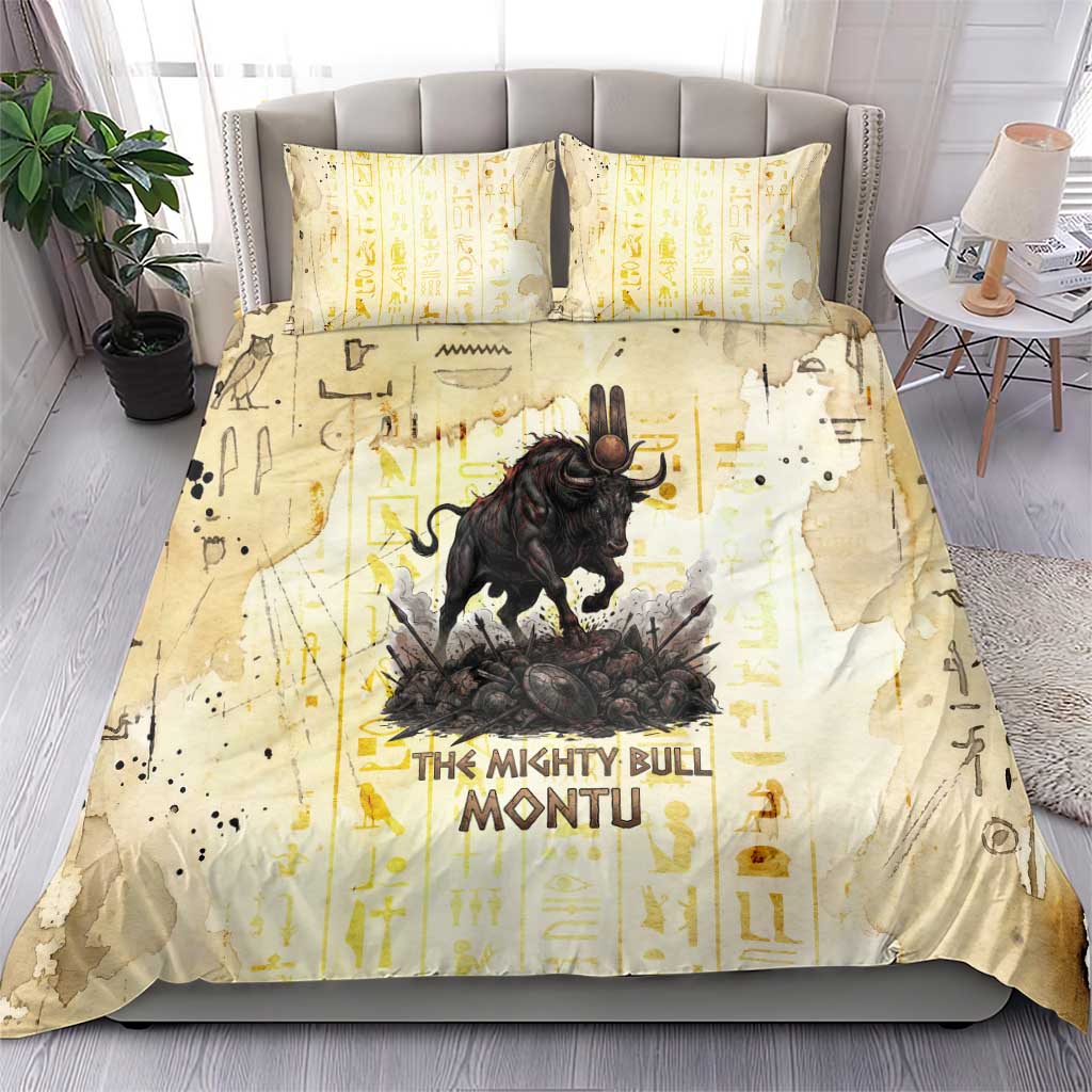 Montu Egyptian Bedding Set War God Mighty Bull Symbol Ancient Power Hieroglyphic