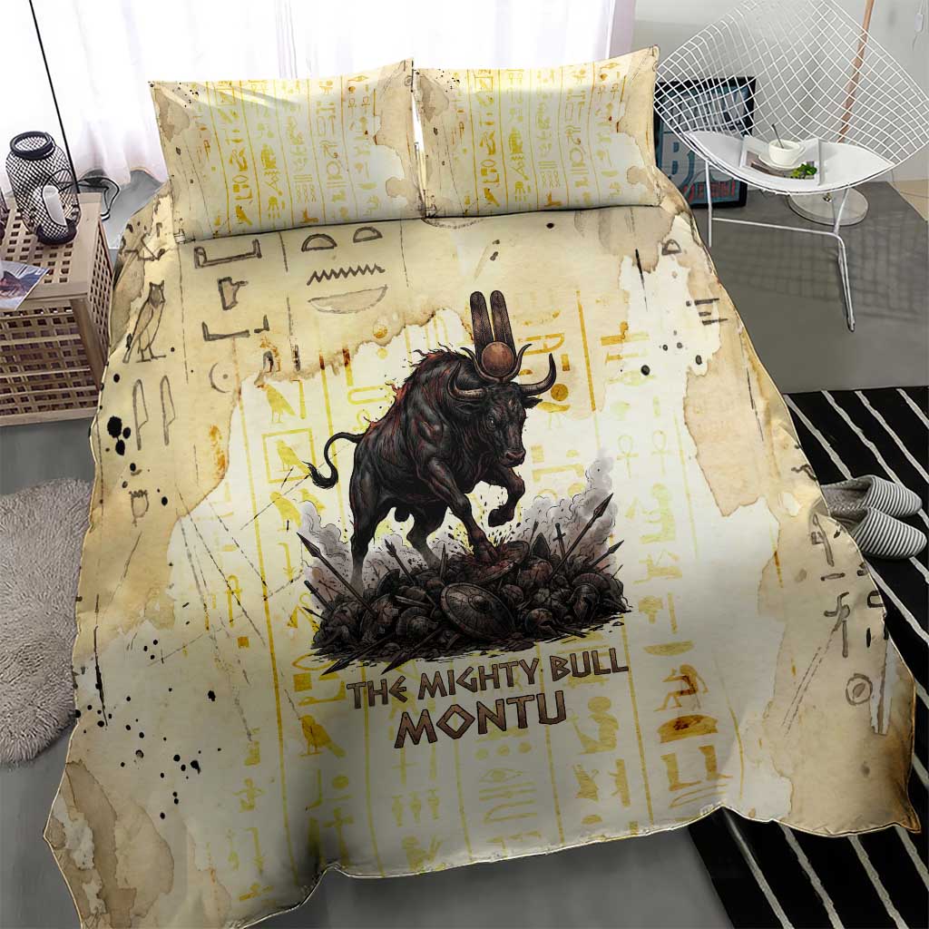 Montu Egyptian Bedding Set War God Mighty Bull Symbol Ancient Power Hieroglyphic