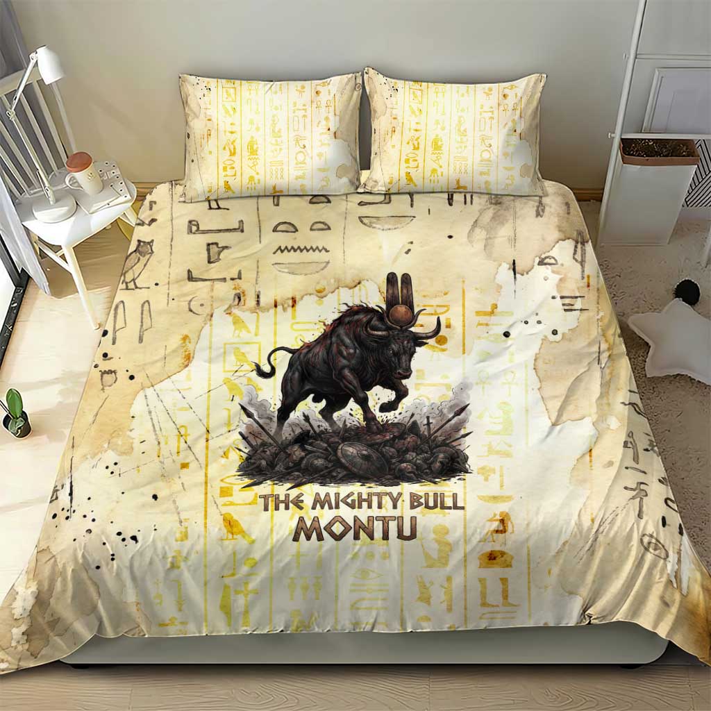 Montu Egyptian Bedding Set War God Mighty Bull Symbol Ancient Power Hieroglyphic