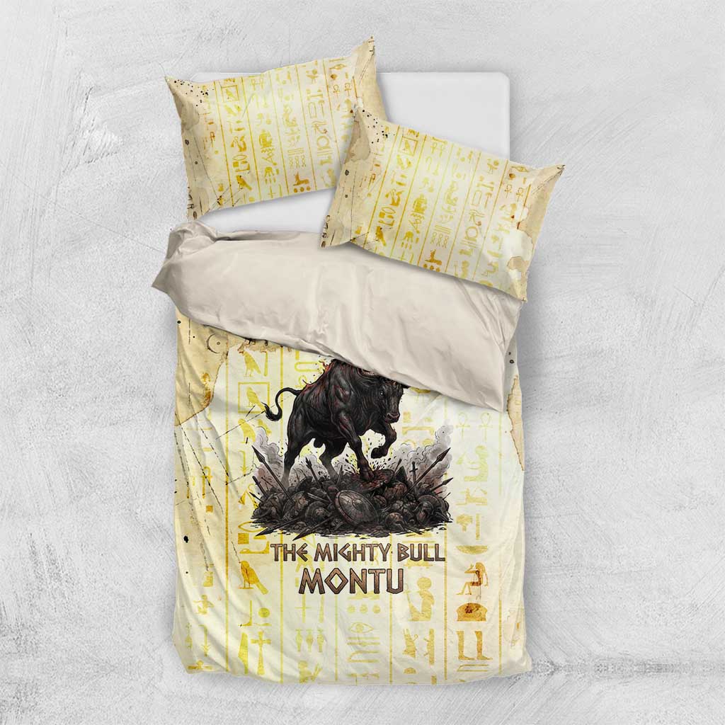 Montu Egyptian Bedding Set War God Mighty Bull Symbol Ancient Power Hieroglyphic