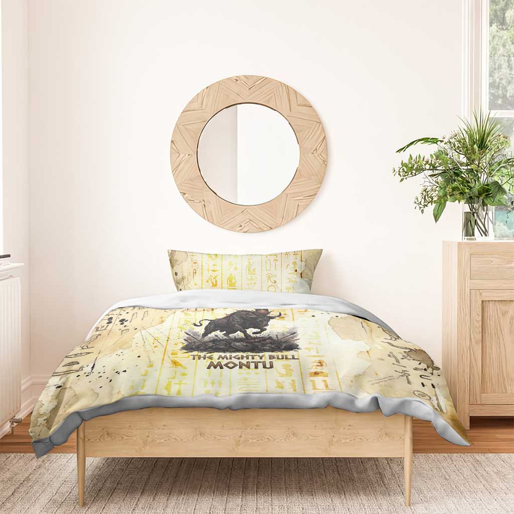 Montu Egyptian Bedding Set War God Mighty Bull Symbol Ancient Power Hieroglyphic