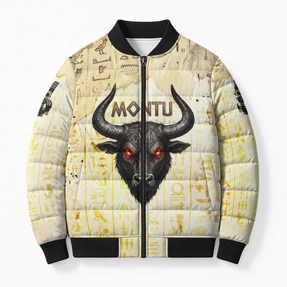 Montu Egyptian Bomber Puffer Jacket War God Mighty Bull Symbol Ancient Power Hieroglyphic
