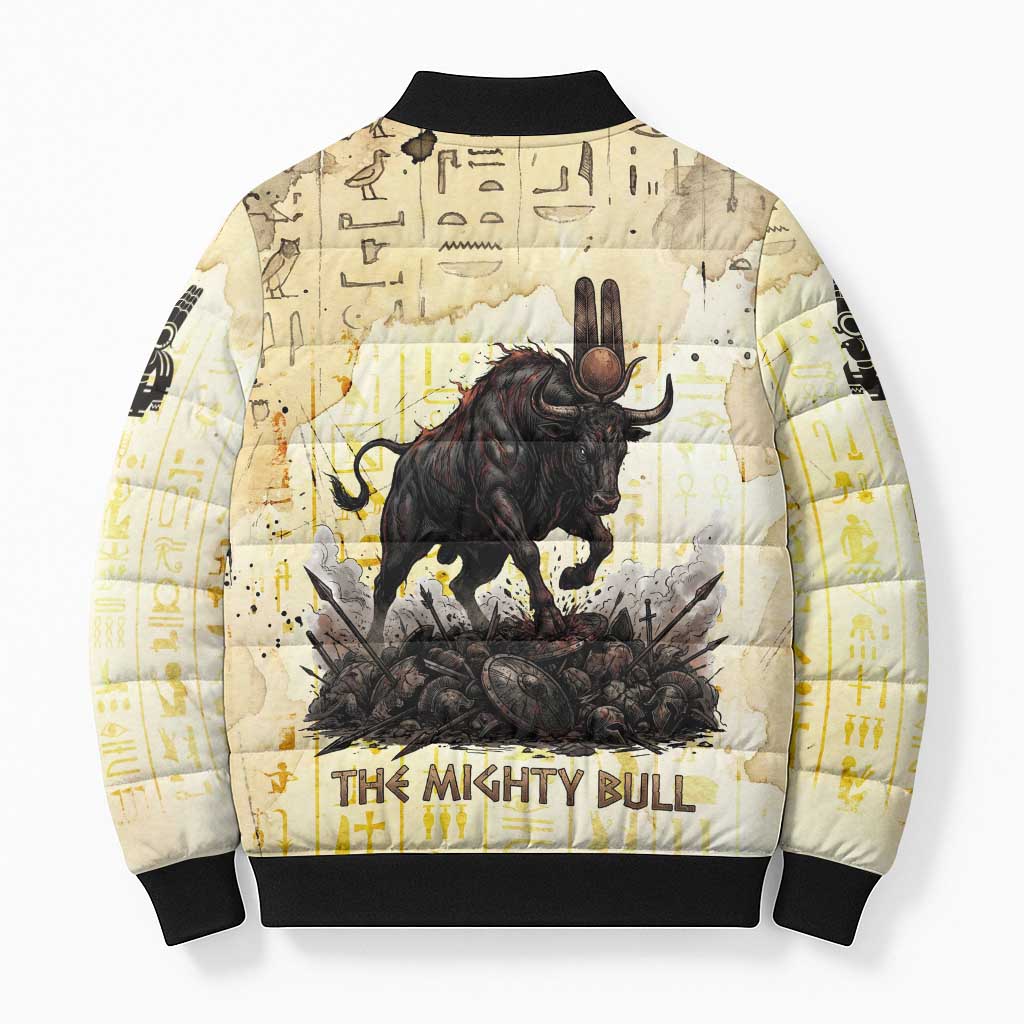 Montu Egyptian Bomber Puffer Jacket War God Mighty Bull Symbol Ancient Power Hieroglyphic