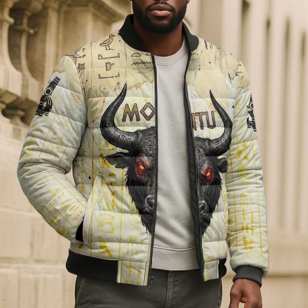 Montu Egyptian Bomber Puffer Jacket War God Mighty Bull Symbol Ancient Power Hieroglyphic