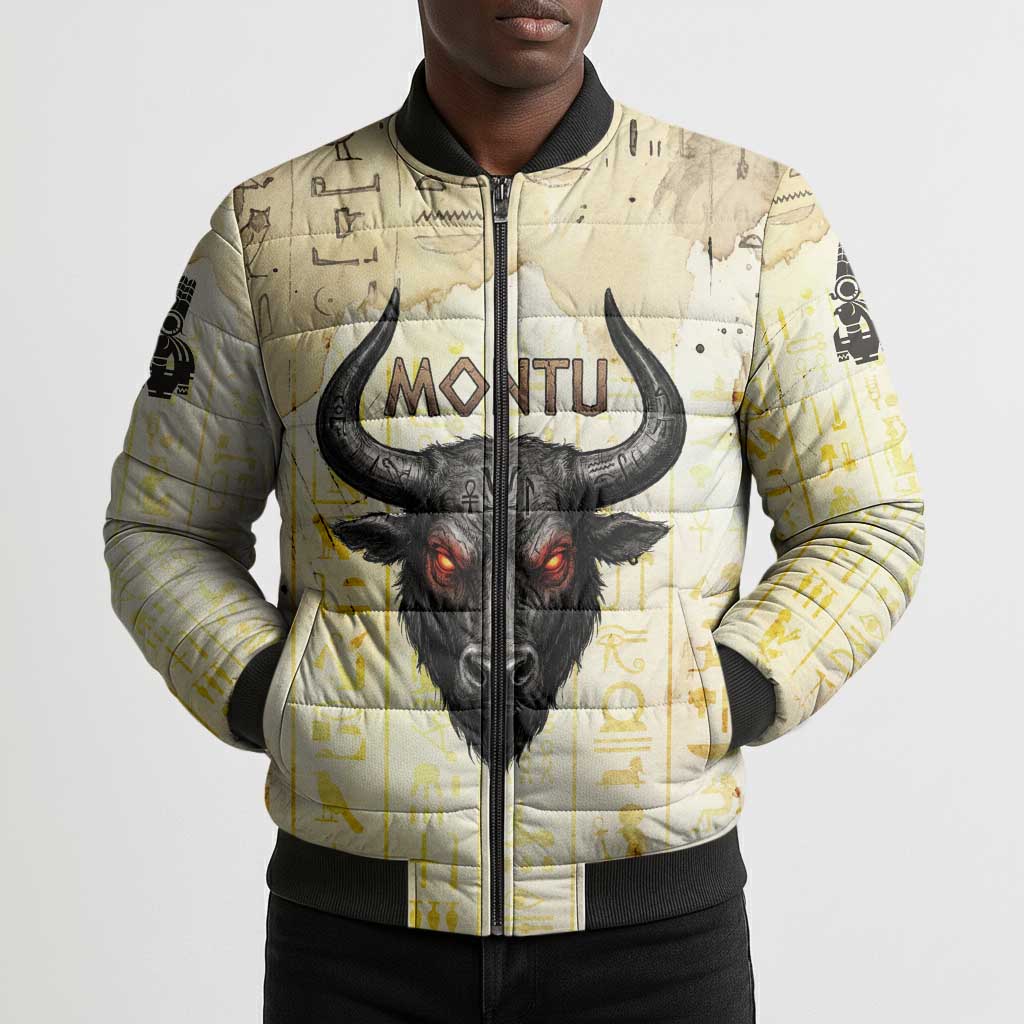 Montu Egyptian Bomber Puffer Jacket War God Mighty Bull Symbol Ancient Power Hieroglyphic