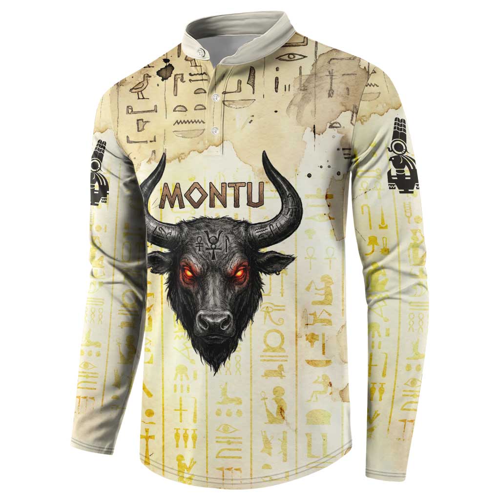 Montu Egyptian Button Sweatshirt War God Mighty Bull Symbol Ancient Power Hieroglyphic