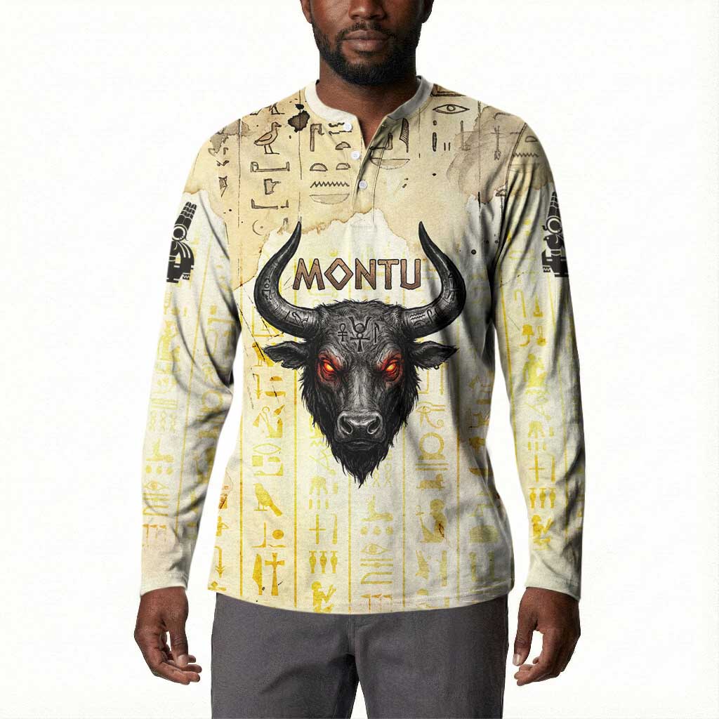 Montu Egyptian Button Sweatshirt War God Mighty Bull Symbol Ancient Power Hieroglyphic