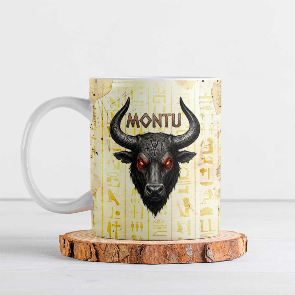 Montu Egyptian Ceramic Mug War God Mighty Bull Symbol Ancient Power Hieroglyphic
