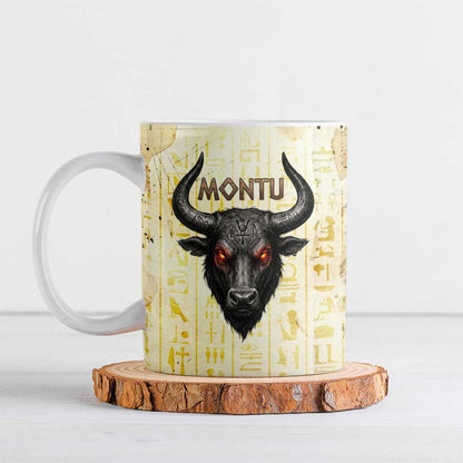 Montu Egyptian Ceramic Mug War God Mighty Bull Symbol Ancient Power Hieroglyphic