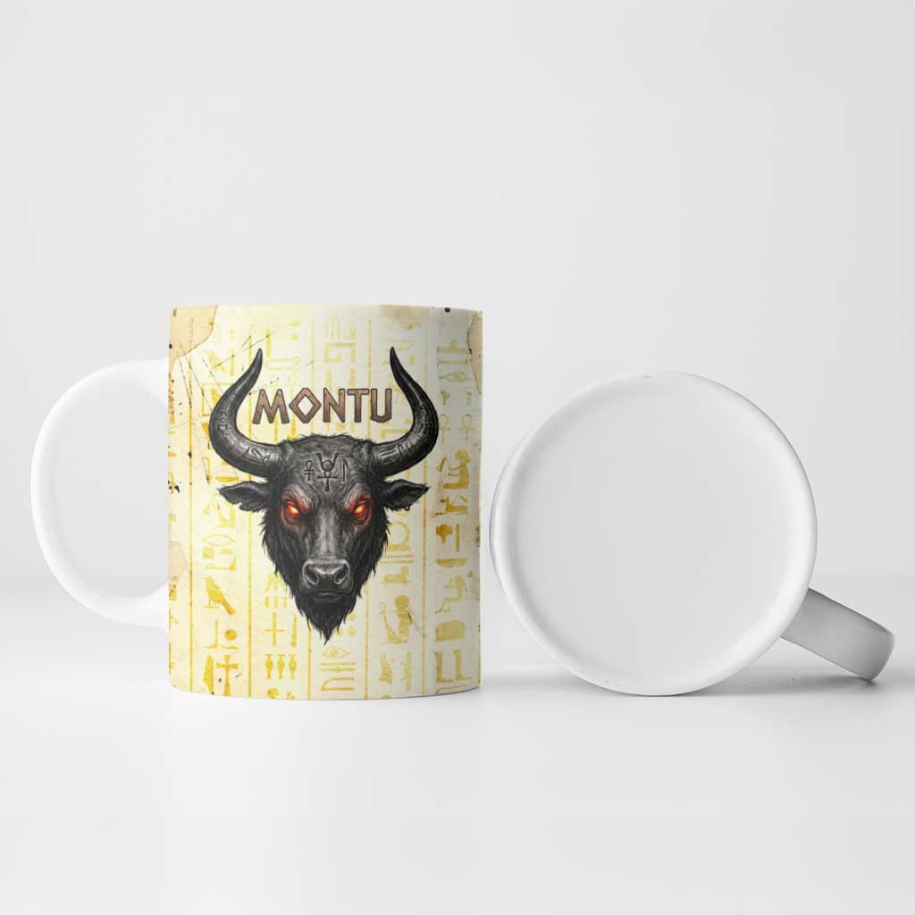 Montu Egyptian Ceramic Mug War God Mighty Bull Symbol Ancient Power Hieroglyphic