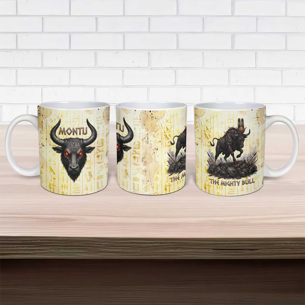 Montu Egyptian Ceramic Mug War God Mighty Bull Symbol Ancient Power Hieroglyphic