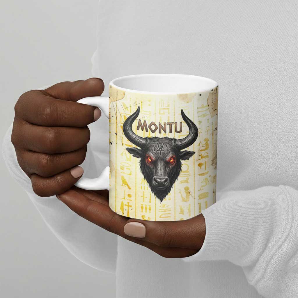 Montu Egyptian Ceramic Mug War God Mighty Bull Symbol Ancient Power Hieroglyphic