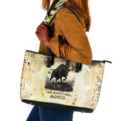 Montu Egyptian Leather Tote Bag War God Mighty Bull Symbol Ancient Power Hieroglyphic