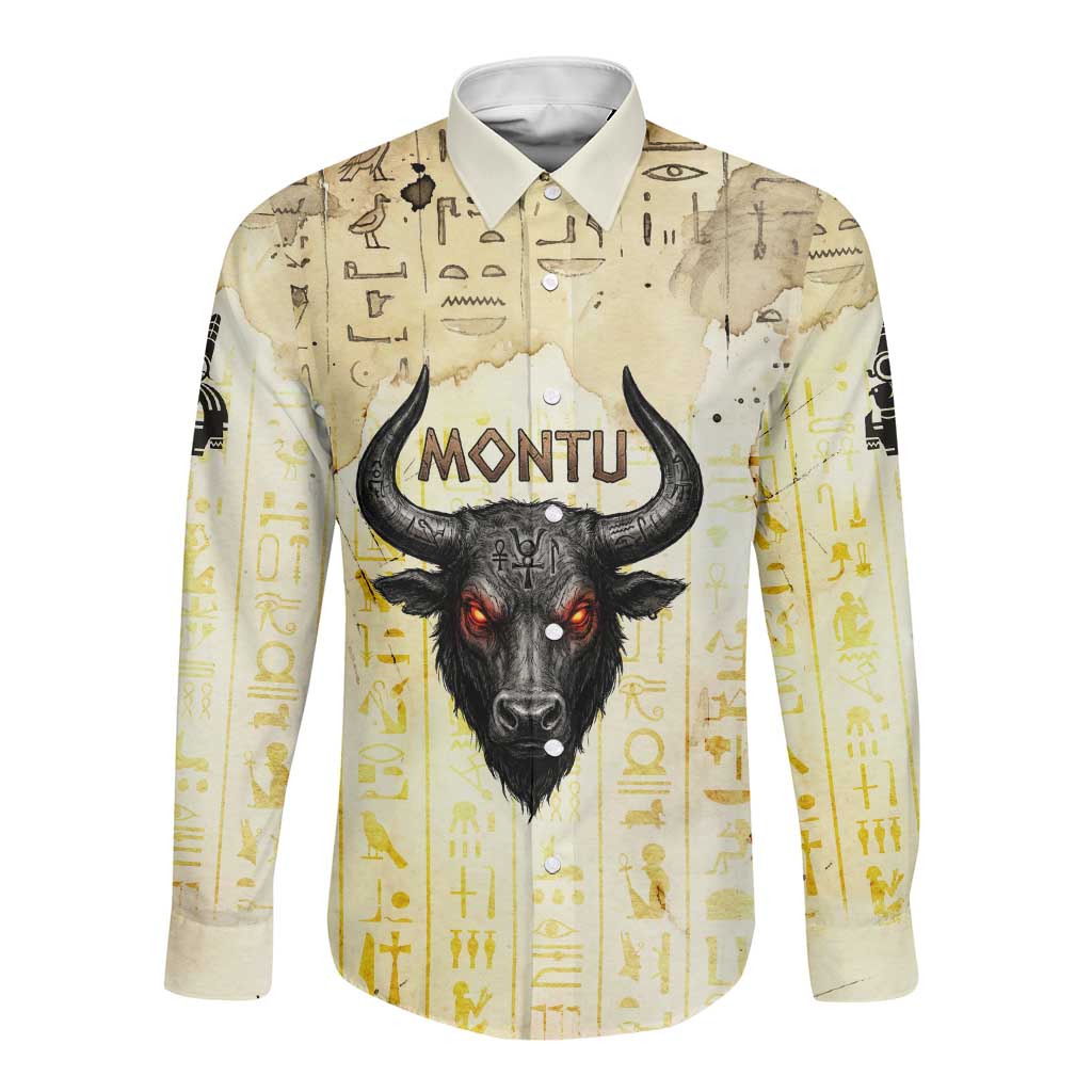 Montu Egyptian Long Sleeve Button Shirt War God Mighty Bull Symbol Ancient Power Hieroglyphic