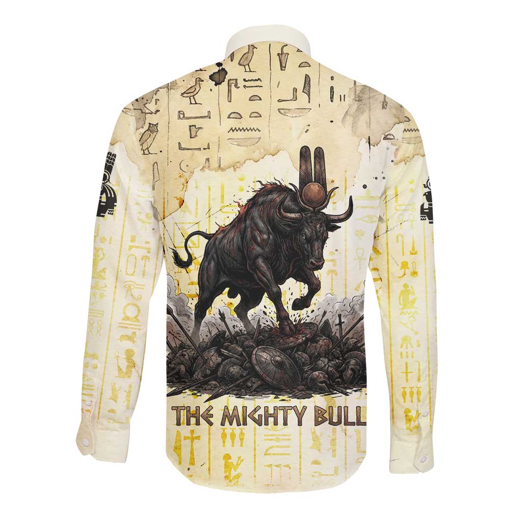 Montu Egyptian Long Sleeve Button Shirt War God Mighty Bull Symbol Ancient Power Hieroglyphic