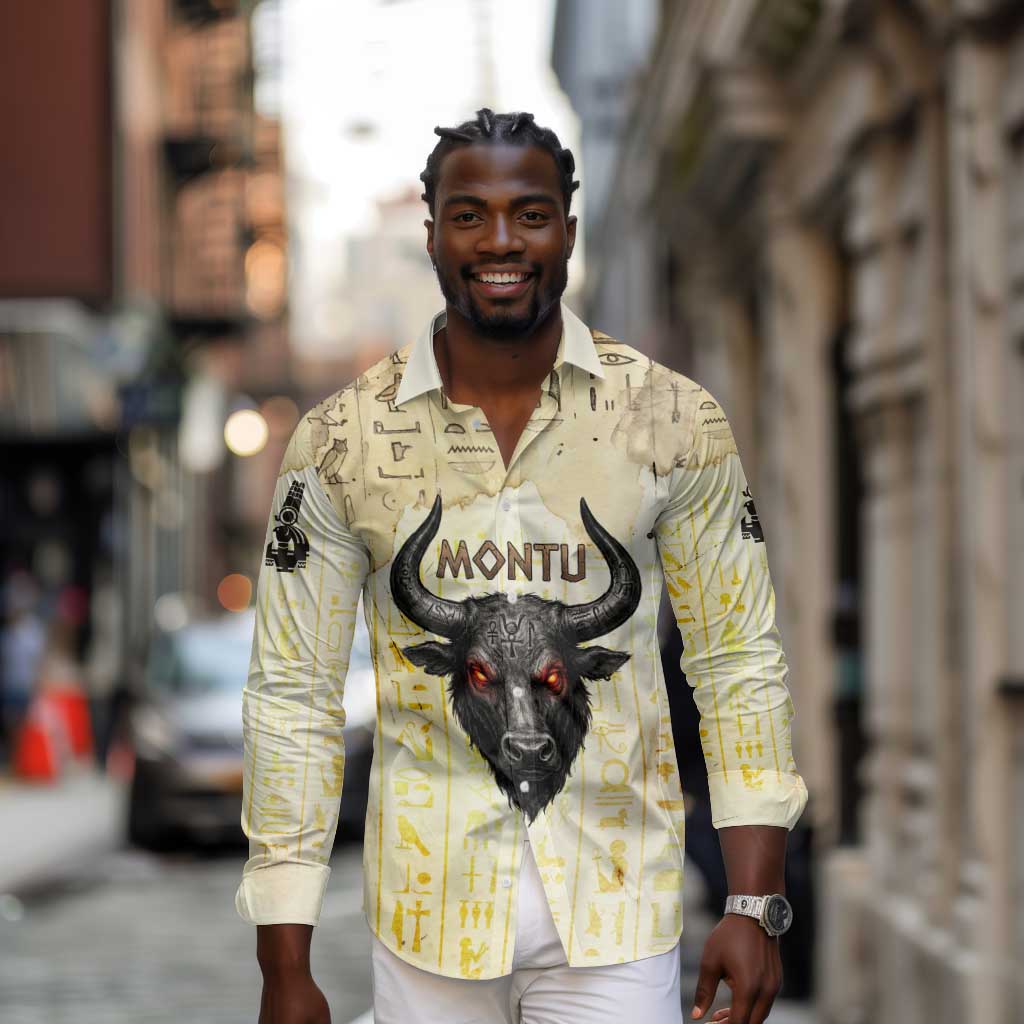 Montu Egyptian Long Sleeve Button Shirt War God Mighty Bull Symbol Ancient Power Hieroglyphic