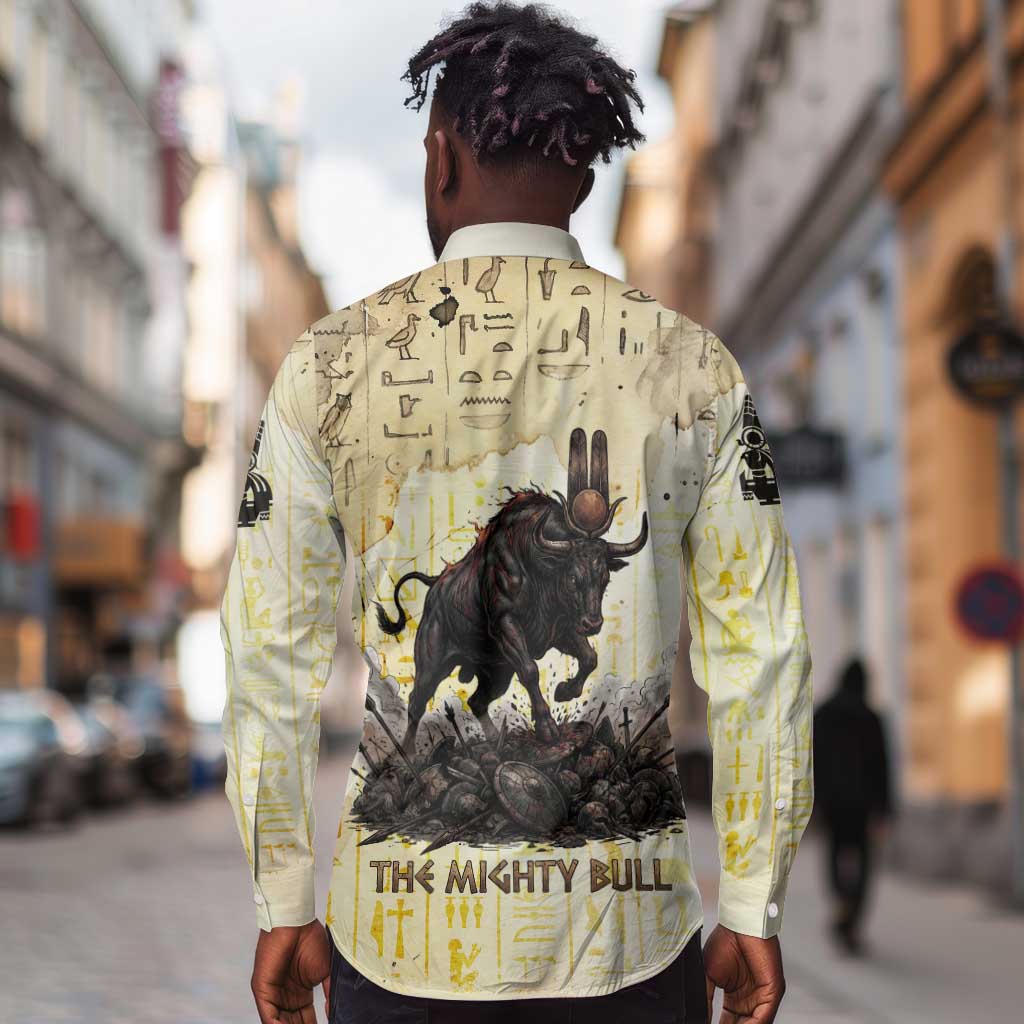 Montu Egyptian Long Sleeve Button Shirt War God Mighty Bull Symbol Ancient Power Hieroglyphic