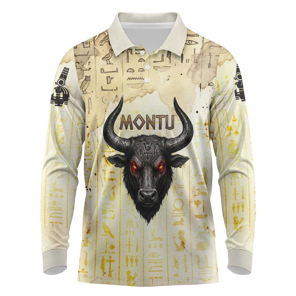 Montu Egyptian Long Sleeve Polo Shirt War God Mighty Bull Symbol Ancient Power Hieroglyphic