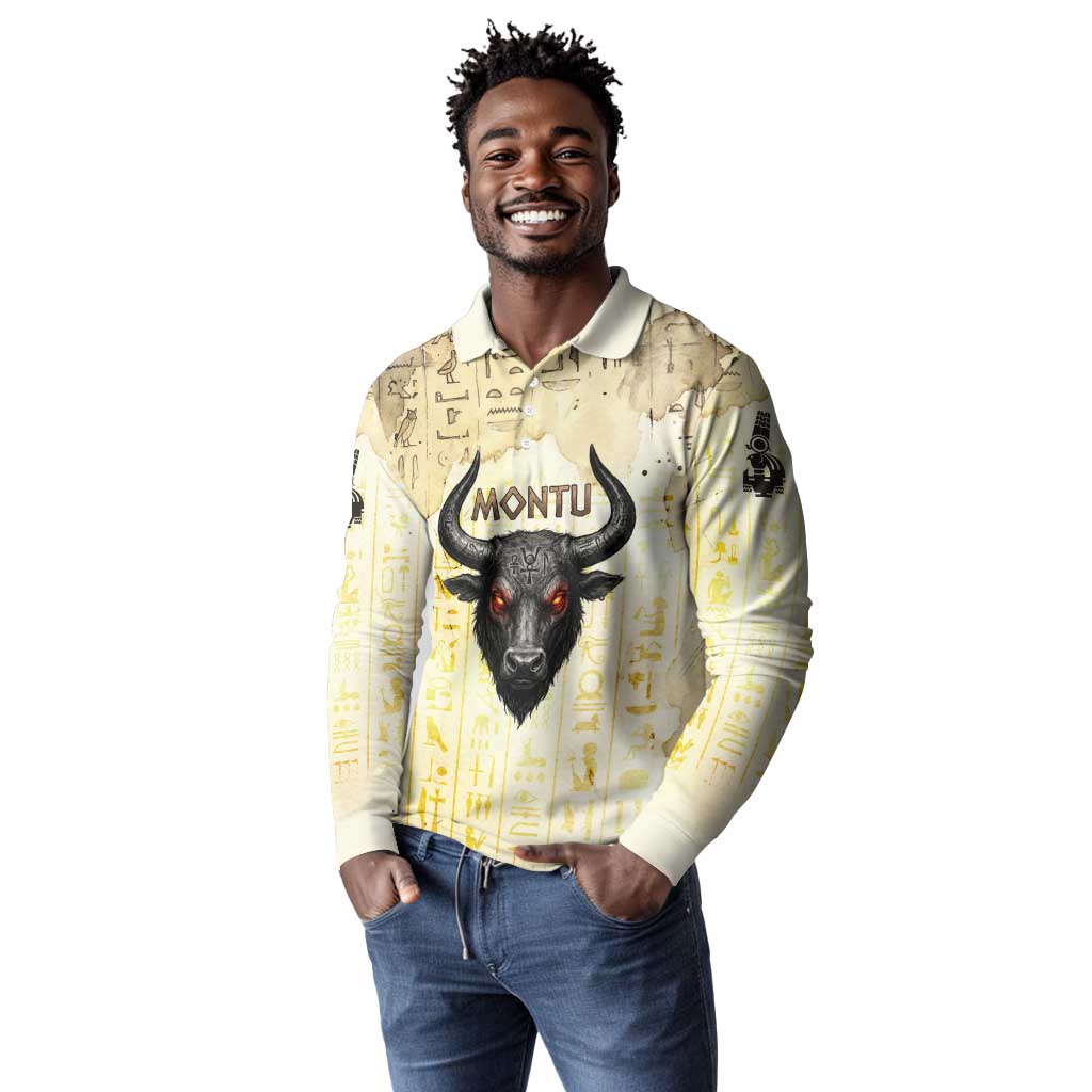 Montu Egyptian Long Sleeve Polo Shirt War God Mighty Bull Symbol Ancient Power Hieroglyphic