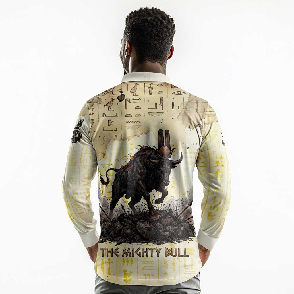 Montu Egyptian Long Sleeve Polo Shirt War God Mighty Bull Symbol Ancient Power Hieroglyphic