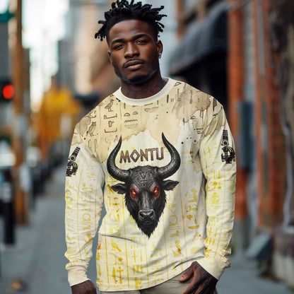 Montu Egyptian Long Sleeve Shirt War God Mighty Bull Symbol Ancient Power Hieroglyphic