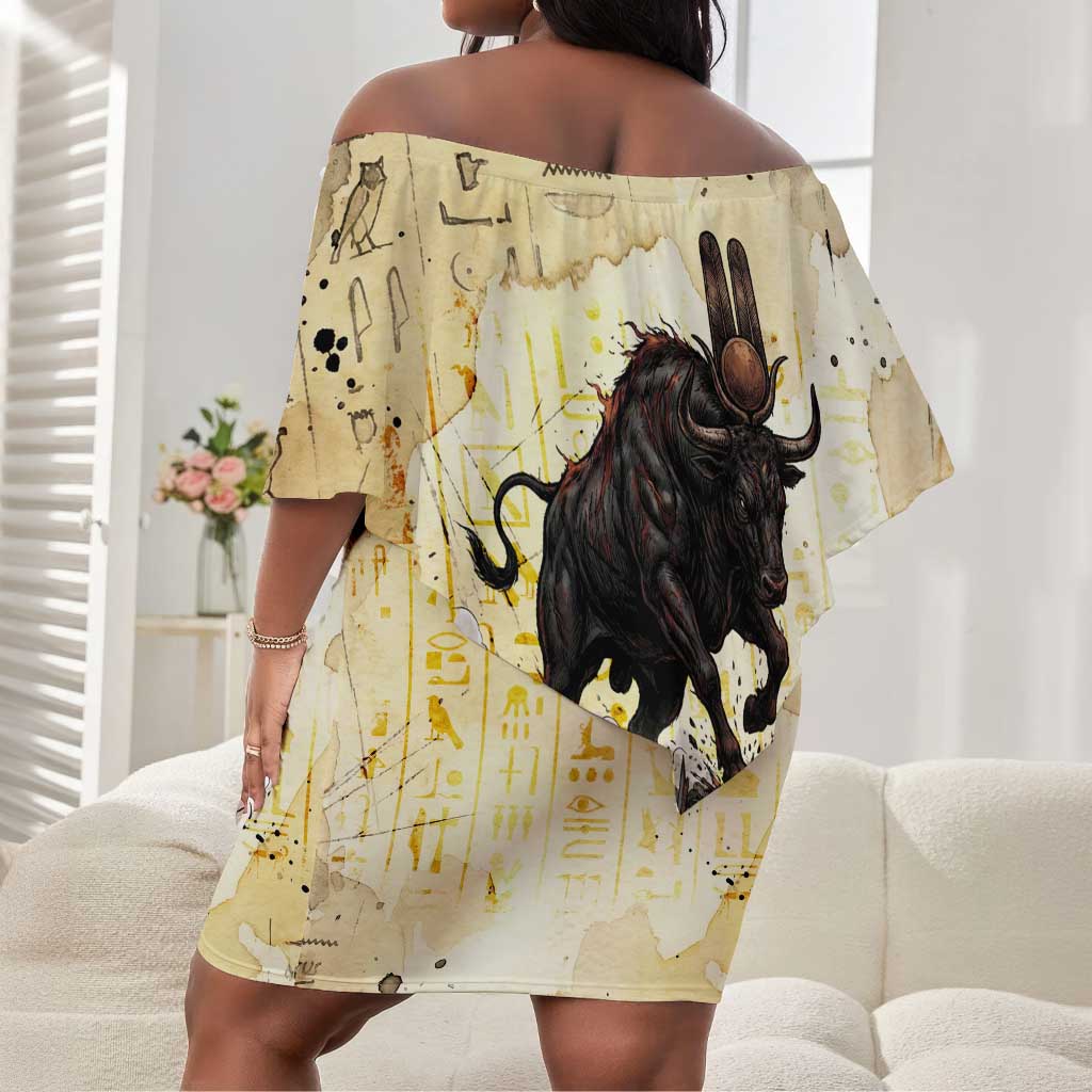 Montu Egyptian Off Shoulder Short Dress War God Mighty Bull Symbol Ancient Power Hieroglyphic